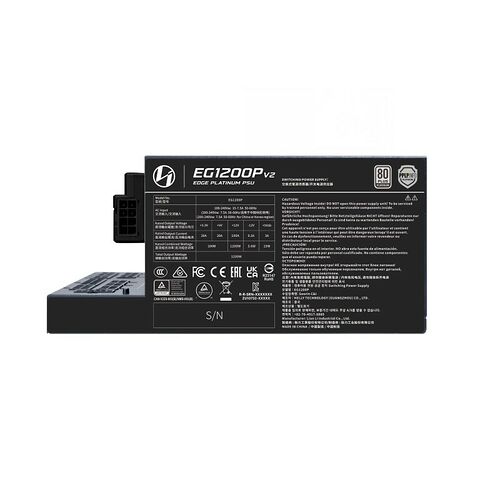 Étiquette d'information pour une alimentation PC Edge Platinum V2 de 1200W, affichant les détails techniques, les certifications de sécurité et les spécifications de tension.
