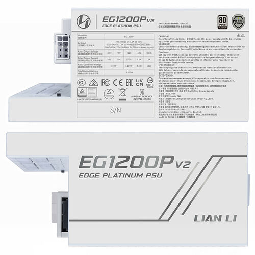 Bloc d'alimentation PC EG1200P V2 Edge Platinum de Lian Li, avec une certification 80 PLUS Platinum. L'image montre l'étiquette technique détaillée sur le dessus du boîtier blanc.