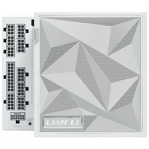 Bloc d'alimentation Lian Li avec ses connecteurs CPU et PCIe, ainsi qu'un filtre et un bouton reset.