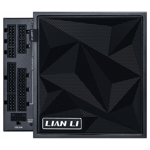 Bloc d'alimentation modulaire Lian Li avec ses câbles de connexion visibles sur le côté gauche et un revêtement noir texturé.
