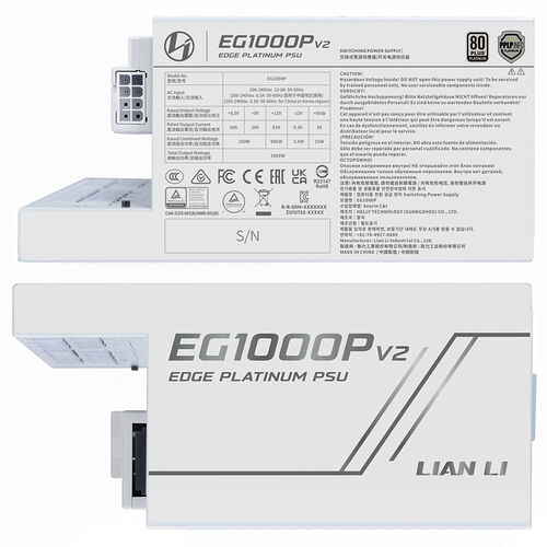 Bloc d'alimentation PC Lian Li EG1000P V2 Edge Platinum, avec son étiquette technique affichant les spécifications de puissance et les certifications de sécurité.