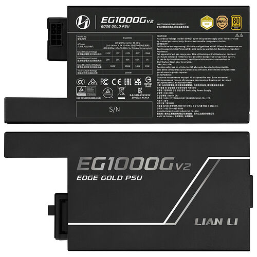 Étiquette technique de l'alimentation PC EG1000G V2 Edge Gold de Lian Li, affichant les spécifications de tension, les certifications et les logos de sécurité.