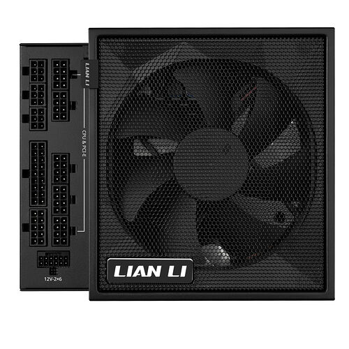 Bloc d'alimentation Lian Li avec divers connecteurs de câbles, dont des ports CPU et PCIe, ainsi qu'un connecteur 12V-2x6.