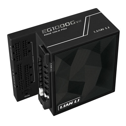 Bloc d'alimentation Lian Li Edge Gold de 1000W, de couleur noire avec des connecteurs modulaires visibles sur le côté.