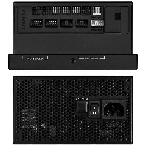 Bloc d'alimentation Lian Li avec ses connecteurs SATA et Molex, ainsi que ses câbles pour carte mère, présenté de face et de dos.
