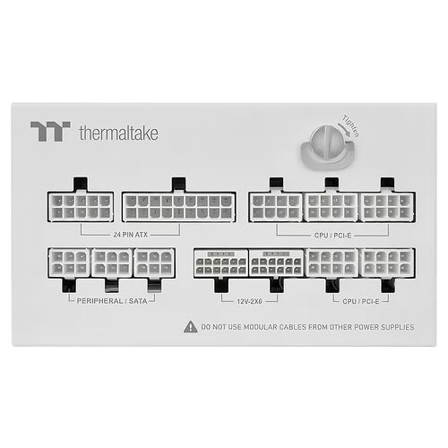 Connecteurs d'alimentation modulaires Thermaltake, incluant des ports pour 24 pin ATX, CPU/PCI-E, Peripheral/SATA et 12V-2X6.