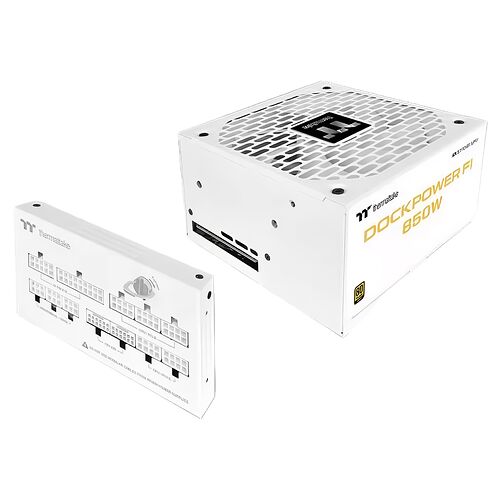 Bloc d'alimentation Thermaltake Dock Power FI 850W de couleur blanche, accompagné de son panneau de connecteurs.