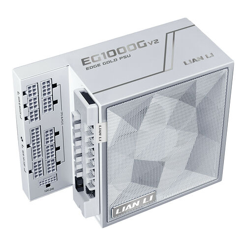 Bloc d'alimentation Lian Li Edge Gold de 1000W, de couleur blanche, avec divers connecteurs visibles sur le côté.