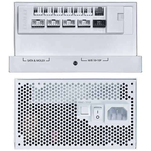 Bloc d'alimentation Lian Li avec ses connecteurs SATA et Molex, ainsi que sa prise d'alimentation et son interrupteur marche/arrêt.