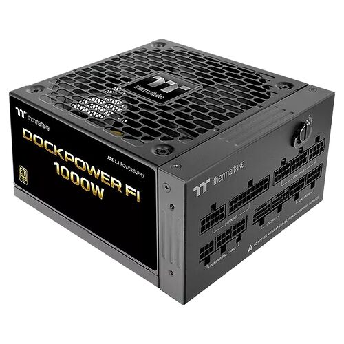 Bloc d'alimentation Thermaltake DockPower FI de 1000W, de couleur noire avec des inscriptions dorées. On peut voir les connecteurs modulaires sur la face avant.