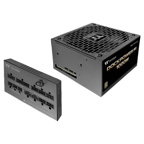 Bloc d'alimentation Thermaltake Dock Power 1000W noir, présenté sous deux angles montrant les connecteurs et la grille de ventilation.