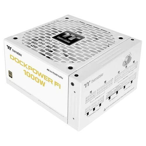 Bloc d'alimentation Thermaltake Dockpower FI de 1000W, de couleur blanche, avec une grille de ventilation sur le dessus et divers connecteurs sur le côté.