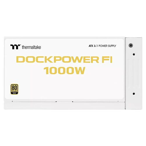 Bloc d'alimentation Thermaltake Dockpower FI de 1000W, certifié 80 Plus Gold, au format ATX 3.1 et de couleur blanche.