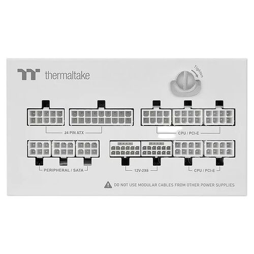 Schéma explicatif des connecteurs d'une alimentation Thermaltake, illustrant les ports 24 pin ATX, CPU/PCI-E, Peripheral/SATA et 12V-2X6.