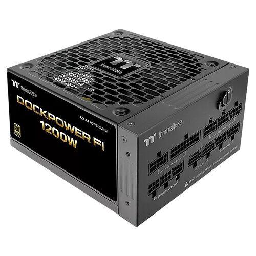 Bloc d'alimentation modulaire Thermaltake DockPower FI de 1200W, de couleur noire avec des inscriptions dorées. On peut voir les connecteurs à l'arrière pour les composants du PC.