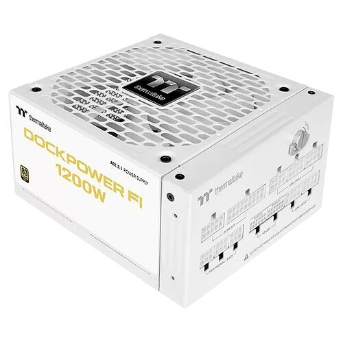 Bloc d'alimentation Thermaltake Dockpower FI de 1200W, de couleur blanche, avec une grille d'aération sur le dessus et les connecteurs visibles sur le côté.
