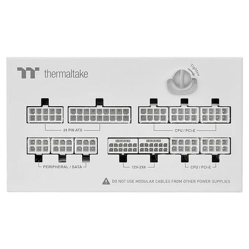 Bloc d'alimentation Thermaltake avec ses connecteurs modulaires, incluant les ports 24 PIN ATX, CPU / PCI-E, Peripheral / SATA et 12V-2X6.