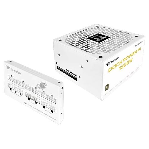 Bloc d'alimentation Thermaltake Dock Power F de 1200W de couleur blanche, présenté avec son boîtier et son panneau de connecteurs modulaires.