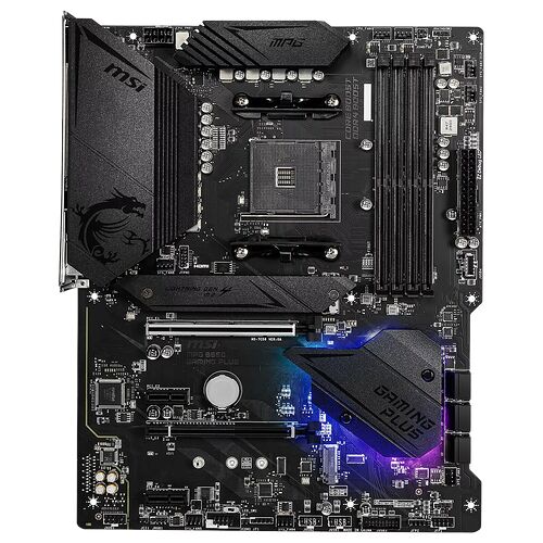 Carte mère MSI MPG B560 Gaming Plus avec dissipateurs thermiques noirs et accents de design futuristes.