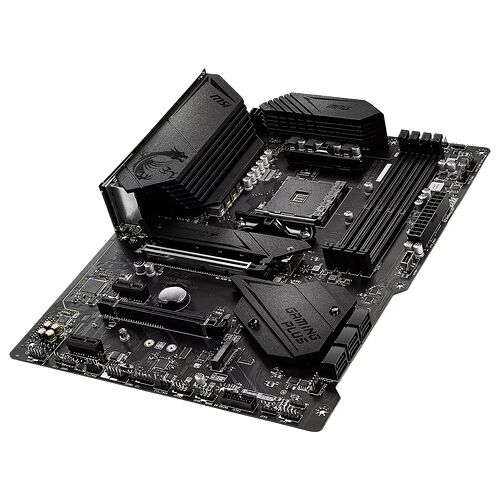 Carte mère MSI Gaming Plus avec dissipateurs thermiques noirs et design robuste pour PC.