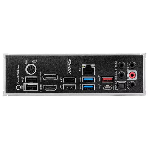 Panneau arrière d'une carte mère ASUS avec divers ports : HDMI, DisplayPort, ports USB, ports USB-C, port Ethernet, sorties audio et un bouton Flash BIOS.