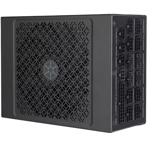 Bloc d'alimentation modulaire noir avec une grille de ventilation sur le dessus et divers connecteurs visibles sur le côté, notamment des ports EPS/PCIe, SATA et 24-pin ATX.
