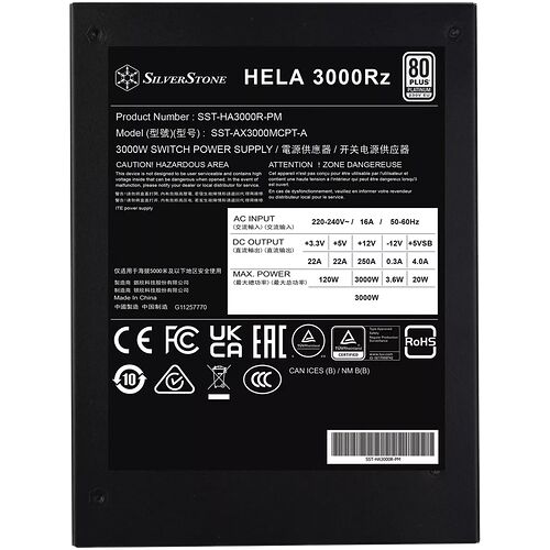 Étiquette d'un bloc d'alimentation SilverStone HELA 3000Rz, affichant les spécifications de puissance de 3000W et les détails de sortie DC.