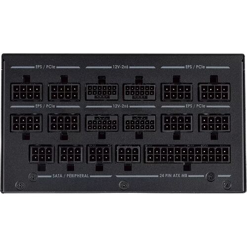 Connectique d'un bloc d'alimentation avec divers ports EPS/PCIe, 12V-2x6, SATA/Peripheral et un connecteur 24 PIN ATX MB.