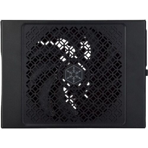Bloc d'alimentation PC noir avec une grille de ventilation et un logo en forme de flocon de neige au centre.