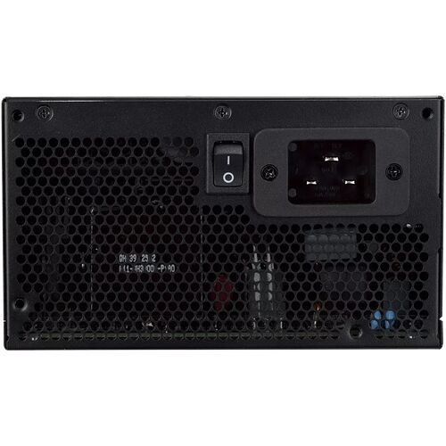 Bloc d'alimentation PC noir avec interrupteur marche/arrêt et prise d'alimentation standard.