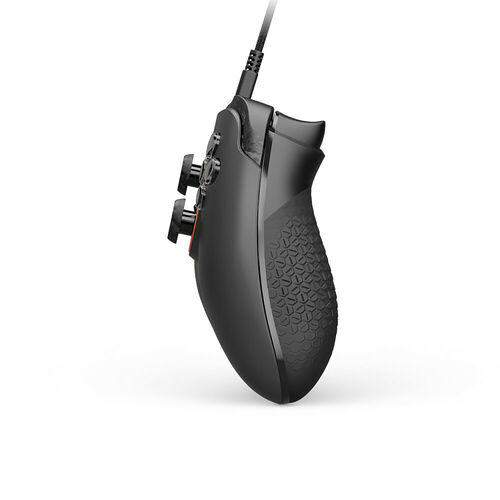 Souris gamer noire avec un revêtement texturé pour une meilleure prise en main et un câble tressé.