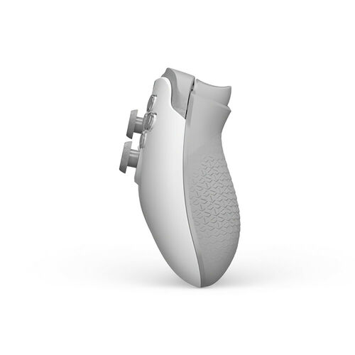 Souris gamer sans fil blanche avec une texture antidérapante sur le côté.