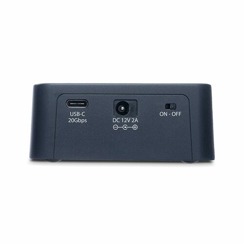 Arrière d'un boîtier noir présentant un port USB-C 20Gbps, une entrée d'alimentation DC 12V 2A et un interrupteur ON-OFF.