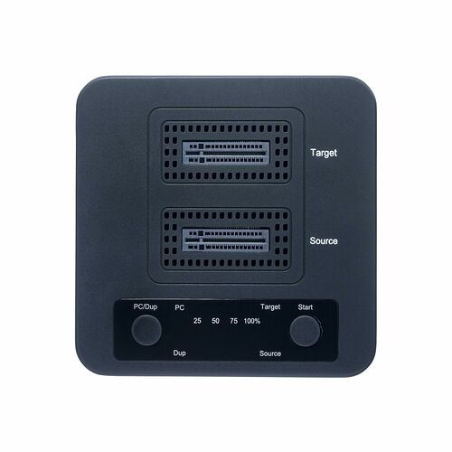 Boîtier de contrôle noir avec deux ports de connexion pour Target et Source, ainsi que des boutons de commande pour le PC et le Target.