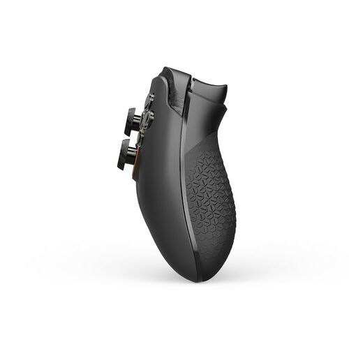 Souris gaming noire avec une texture antidérapante sur les côtés et des boutons latéraux.