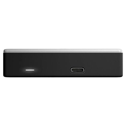 Un boîtier externe noir avec un voyant lumineux blanc et un port USB-C sur la face avant.