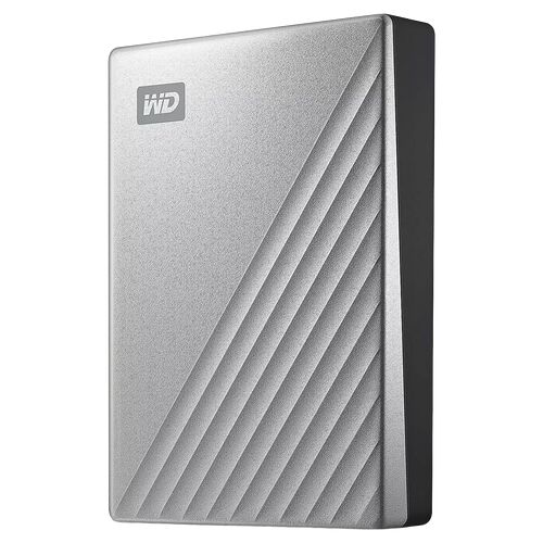 Disque dur externe WD de couleur argentée avec un design strié sur la face avant.