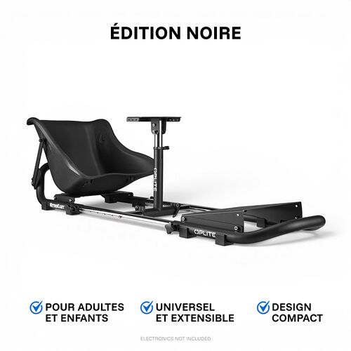 Châssis de simulateur de course Replika Kart en édition noire, conçu pour adultes et enfants avec un design compact et extensible.