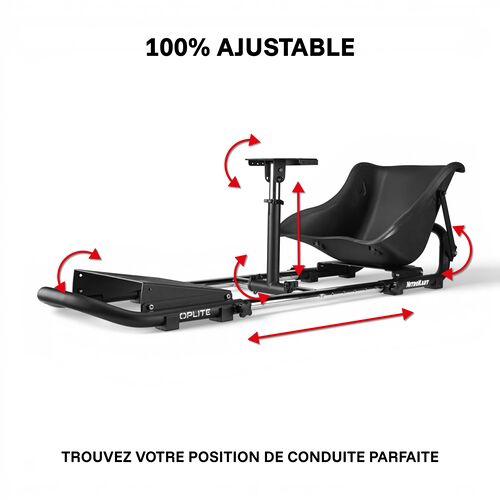 Un siège de karting NitroKart noir monté sur un châssis ajustable, illustrant les différentes possibilités de réglage pour trouver la position de conduite idéale.