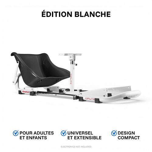 Siège de cockpit blanc pour simulateur de course de la marque MetroKart, avec un design compact, extensible et adapté aux adultes comme aux enfants.
