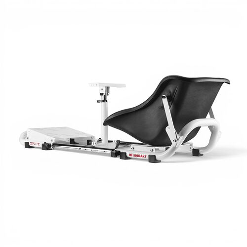 Un siège de simulation de course de marque OptiteK, avec une base blanche et un siège noir ergonomique, conçu pour une installation de simulateur de conduite.