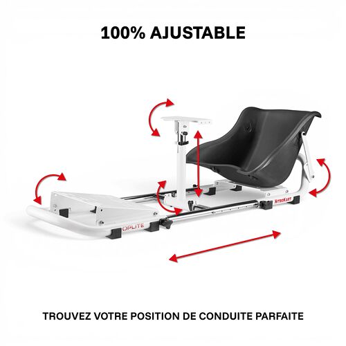 Châssis de simulateur de conduite blanc et noir avec siège ergonomique, montrant les différents points d'ajustement pour trouver la position de conduite parfaite.