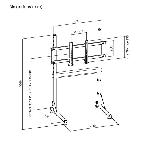 Schéma technique présentant les dimensions en millimètres d'un support mural pour écran, incluant la hauteur réglable et la largeur de la barre de fixation.