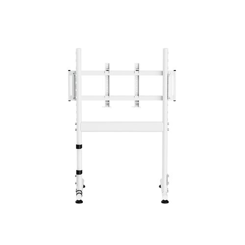 Support de moniteur blanc avec bras articulés pour fixer deux écrans sur un pied central.