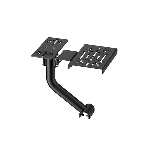 Support de montage articulé noir pour écran ou PC, composé d'un bras robuste et de deux plaques de fixation métalliques.