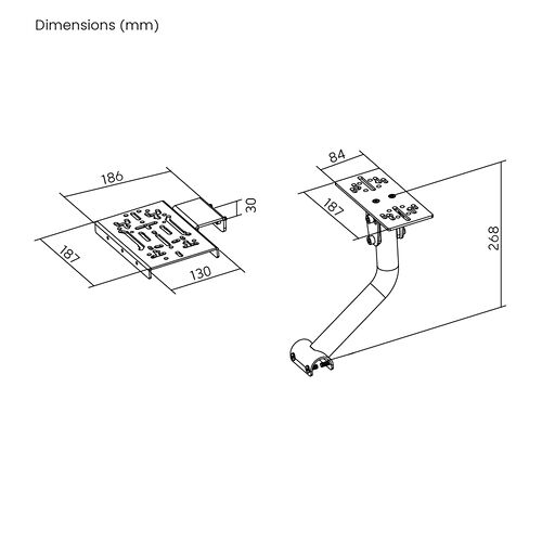 Schéma technique montrant les dimensions en millimètres d'un support de moniteur articulé, avec des mesures précises pour la base et la hauteur totale.