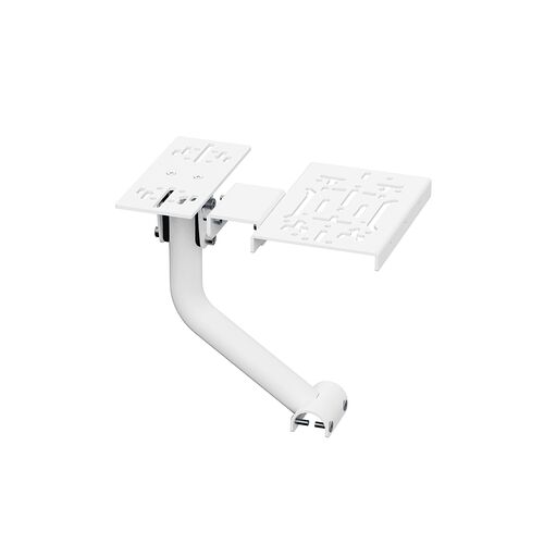 Support de moniteur blanc avec bras articulé et plateau pour clavier ou unité centrale.