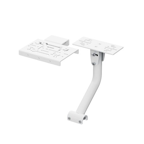Support de clavier blanc articulé avec bras de fixation, conçu pour être fixé au bureau.