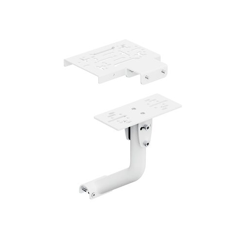 Support de montage blanc pour écran ou périphérique, comprenant une plaque de fixation et un bras articulé.