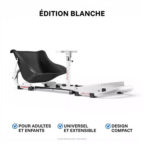 Siège de cockpit MetroKart en édition blanche, conçu pour être universel et extensible, adapté aux adultes comme aux enfants.